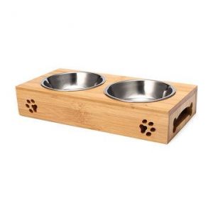 Pet Food Water Feeder Single Twin Bowls Bamboo Stainless Steel Dog Cat Dishes Pet Bowl