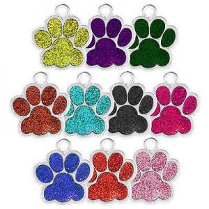 GLITTER FOIL PAW DOG TAG ENGRAVED DISC PERSONALISED PET CAT NAME IDENTITY TAGS