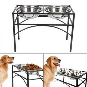 L Double Bowl Dog Cat Feeder Elevated Raised Stand Feeding Food Water Pet Dish
